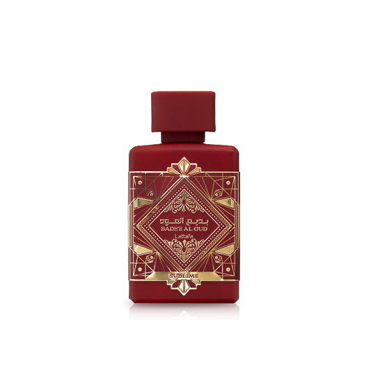 Perfume Lattafa Badi Al Oud en frasco rojo con diseño elegante y toques dorados