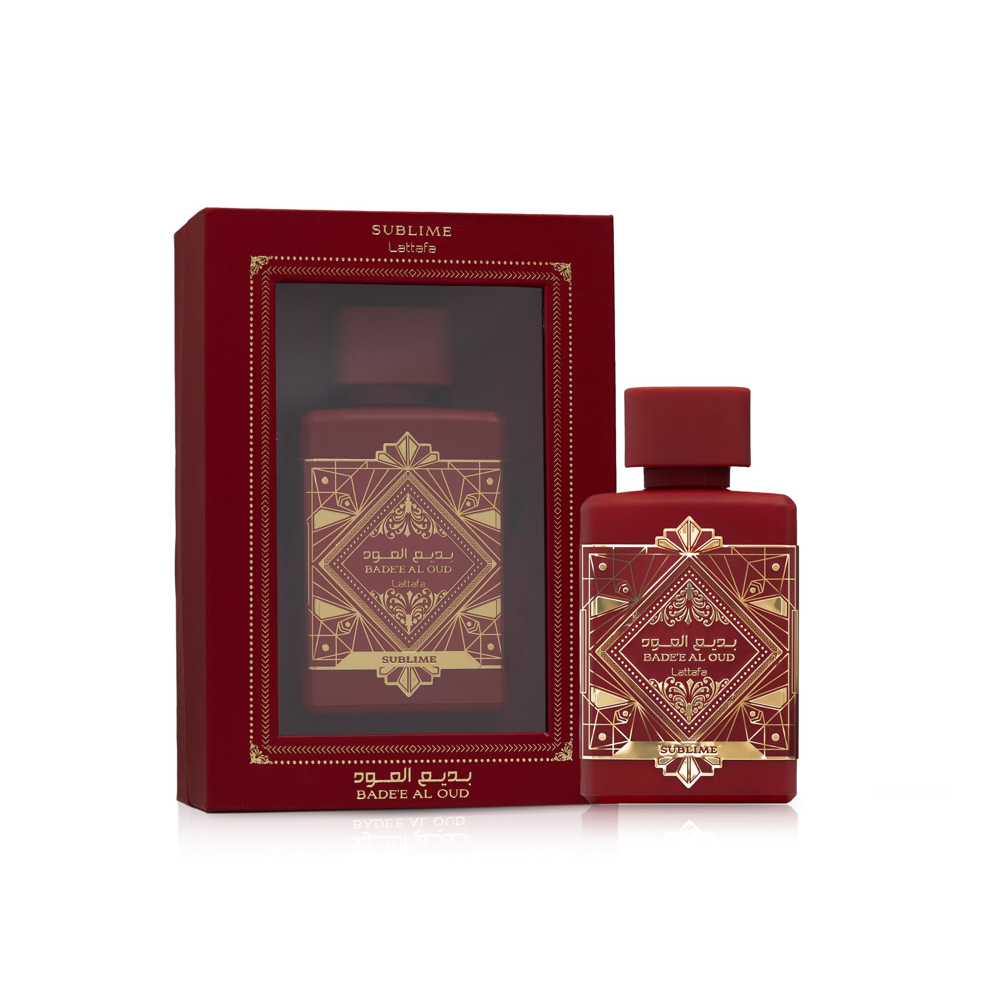 Perfume Badel Al Oud de Lattafa en envase rojo con diseño elegante en caja de presentación