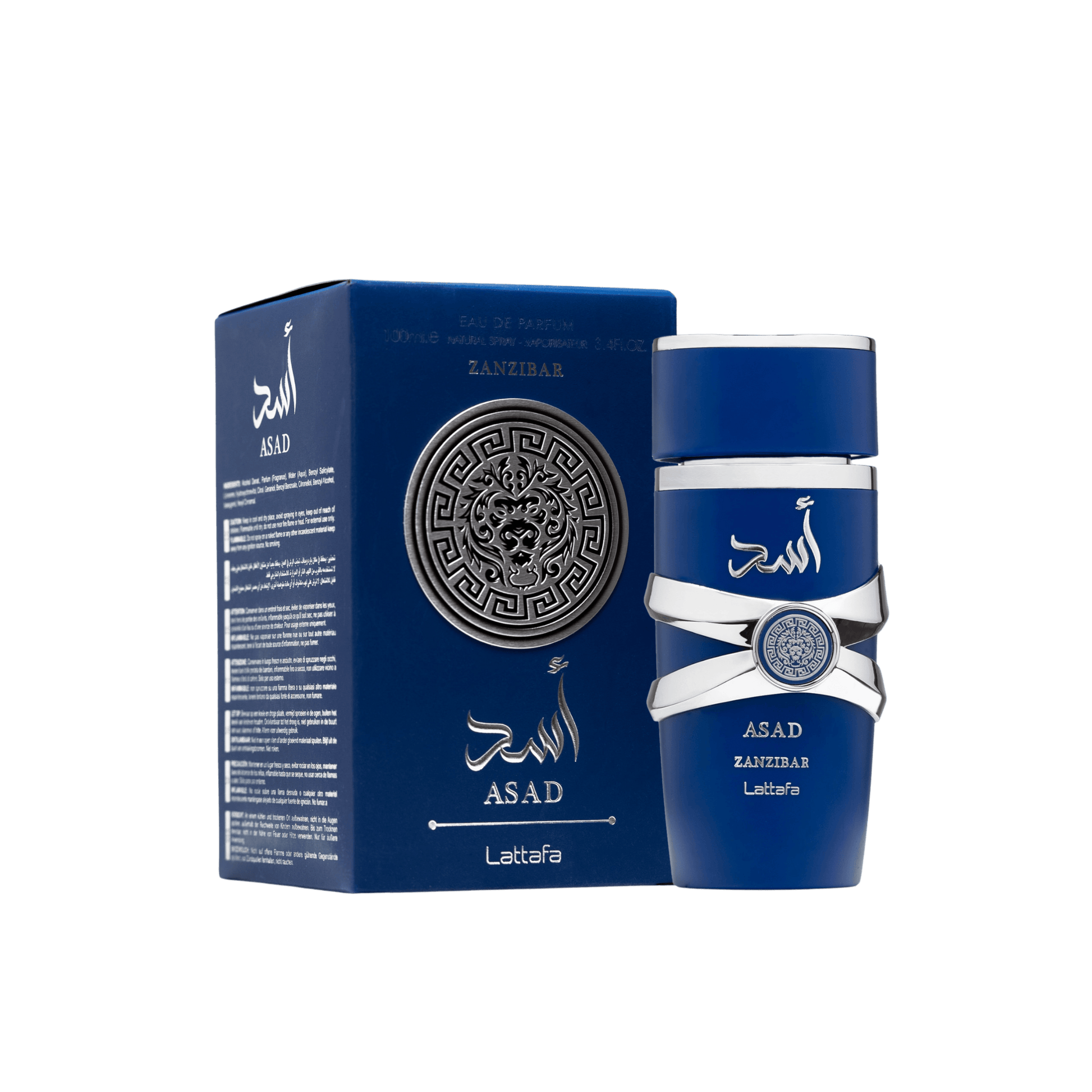 Perfume Asad Zanzibar Lattafa en botella azul con caja elegante y diseño moderno