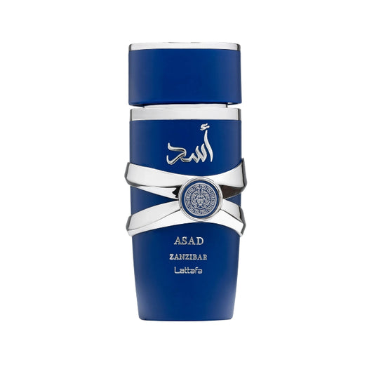 Perfume Asad Zanzibar Lattafa en frasco azul elegante con detalles plateados para hombres y mujeres