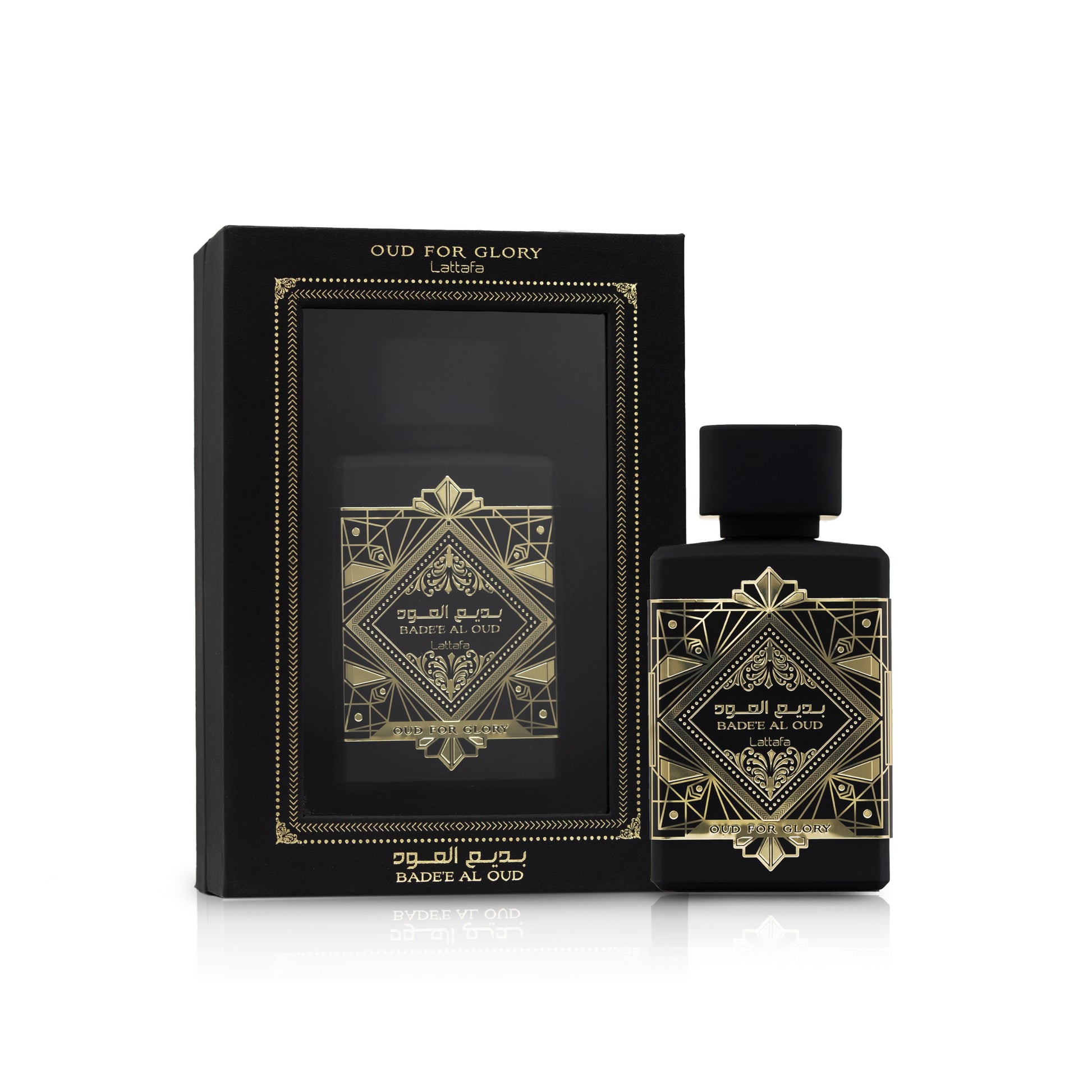 Perfume Badet Al Oud de Lattafa en botellas decorativas con caja elegante