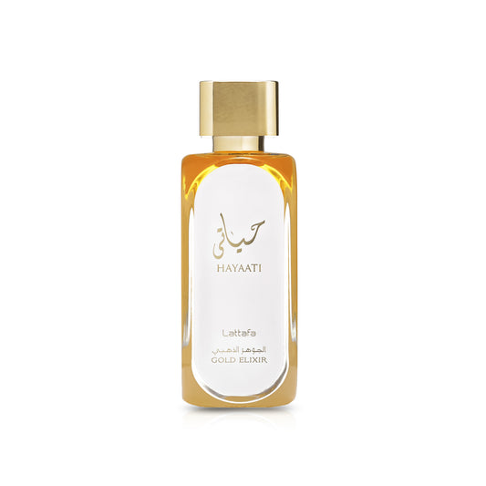 Perfume Lattafa Hayaaty Gold Elixir en frasco elegante con tapa dorada para una fragancia sofisticada