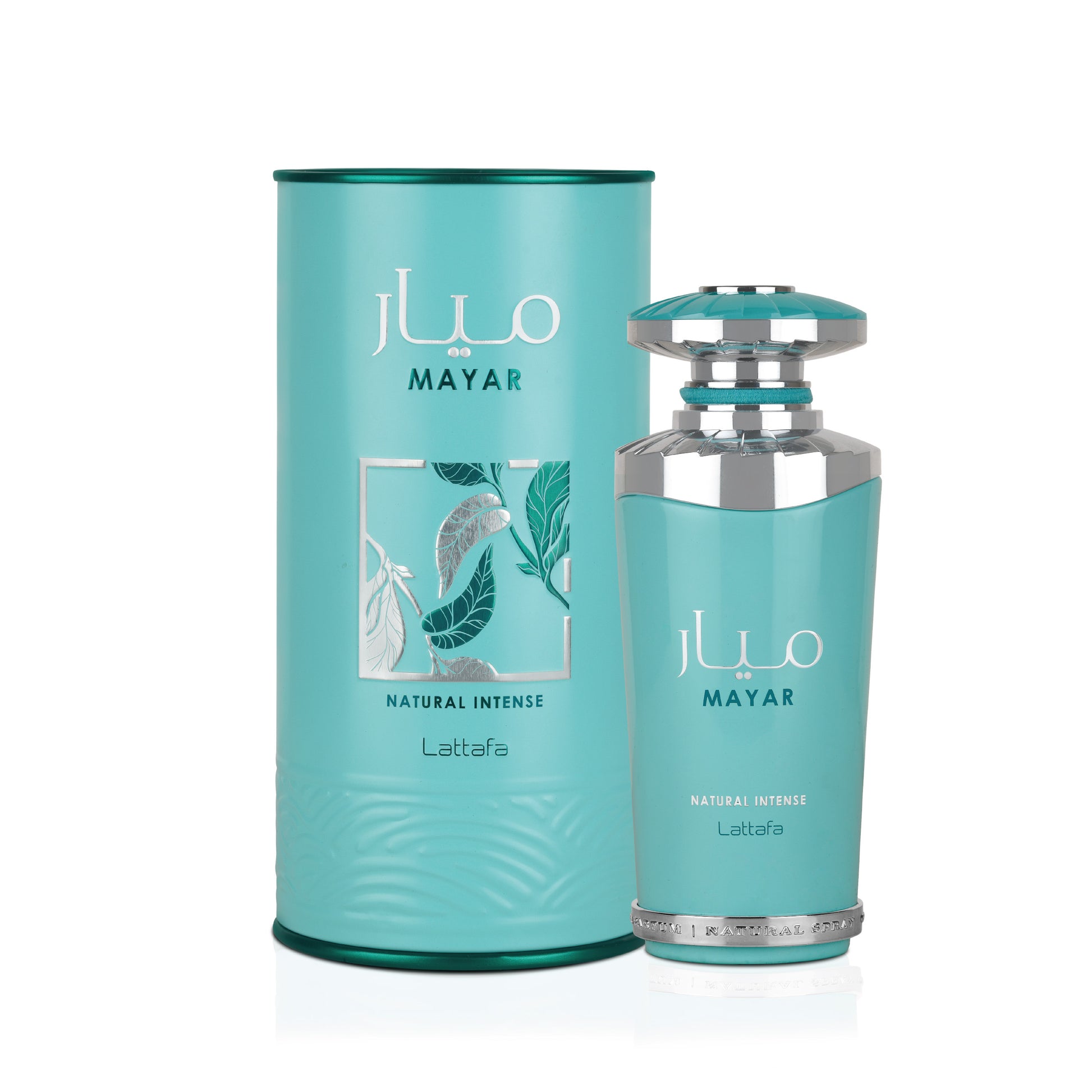Perfume Lattafa Mayar Natural Intense en frasco azul con diseño elegante y caja a juego
