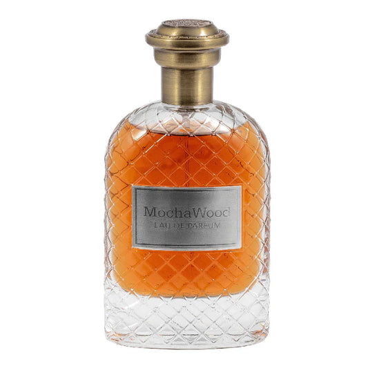 Perfume MochaWood de Fragrance World en frasco elegante con líquido ámbar, ideal para ocasiones especiales
