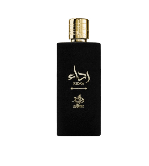 Perfume Redaa Al Wataniah en botella negra con tapa dorada, elegante y sofisticado