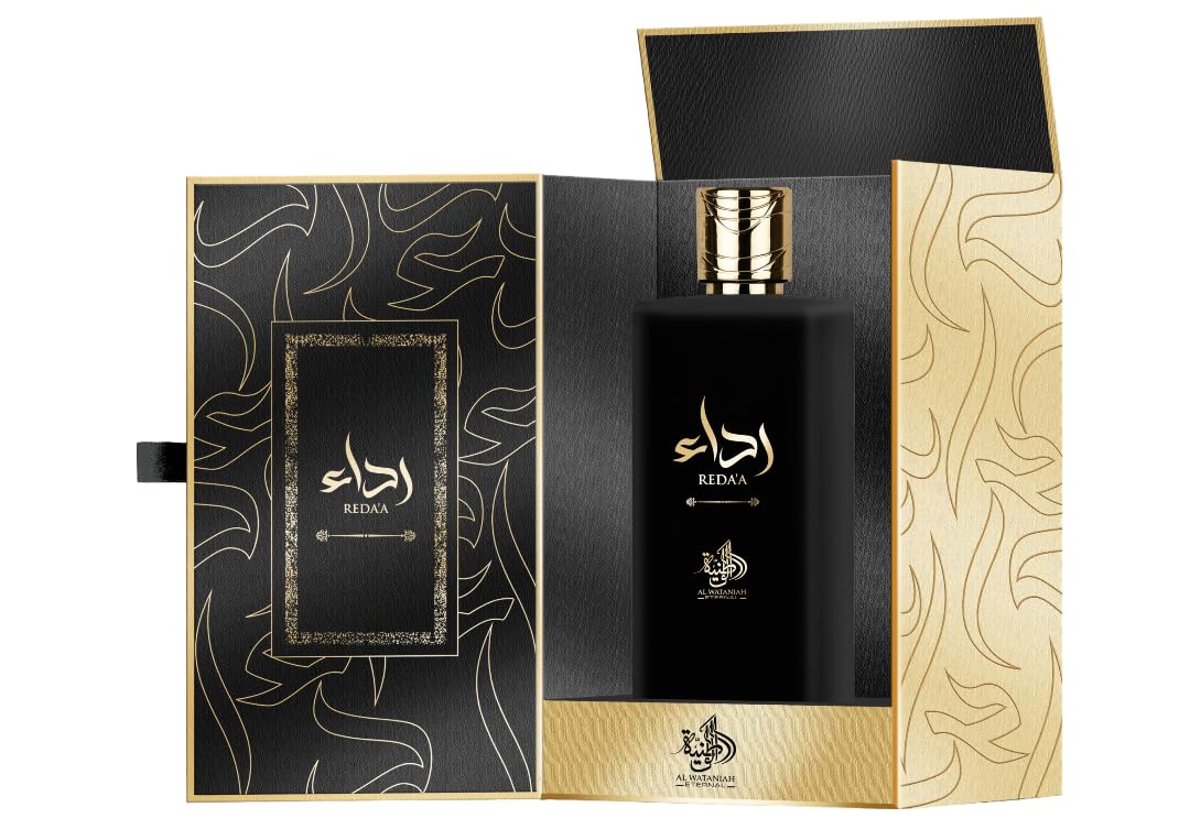 Perfume Redaa Al Wataniah en elegante empaque dorado y negro con detalles artísticos