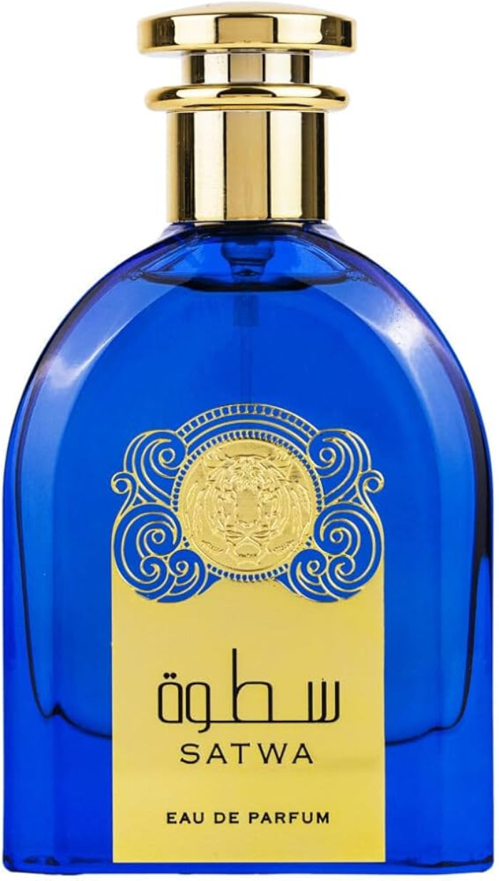 Perfume Ard Al Zaafaran Satwa en frasco azul con detalles dorados y elegante diseño