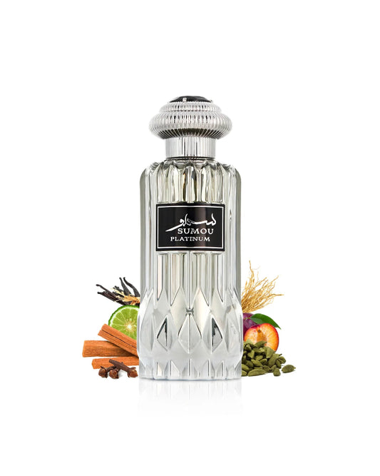 Perfume Lattafa Sumou Platinum en frasco elegante con notas especiadas y frutales