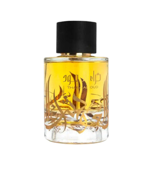 Perfume de Ard Al Zaafaran Thahab Oud en frasco transparente con diseño elegante y frágil aroma oriental